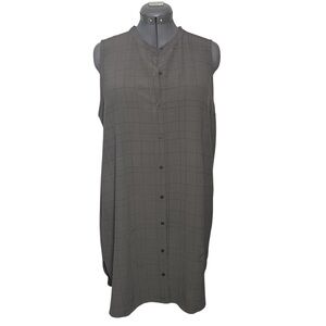 Eileen Fisher Mandarin Collar Crepe Plaid Viscose  Shirt Dress Top Size XL Grey